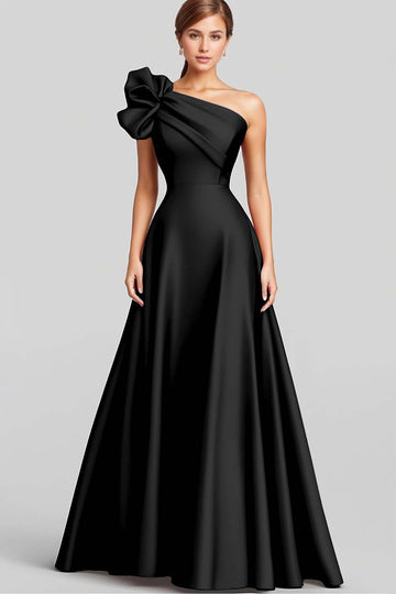 Black A-Line Ruffled One Shoulder Satin Long Formal Dress